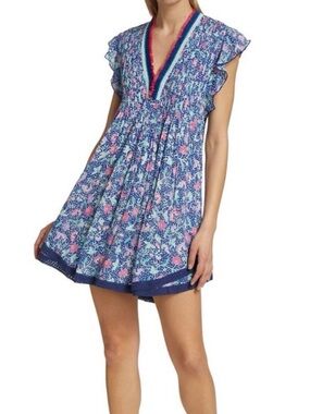 Poupette St Barth Sasha Mini Dress Blue Clary Floral Boho Preppy Size M